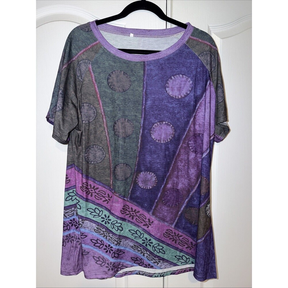 Womens Tunic Shirts Plus Size 3X  Purple Abstract Stretch Short Sleeves Casual